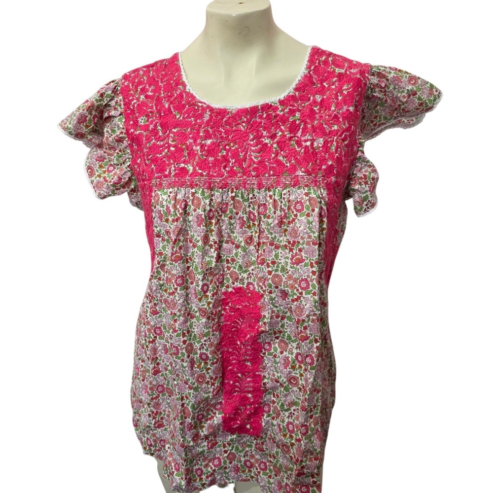 J Marie XL Pink Floral Embroidered Flutter Sleeve Boho Peasant Tunic Blouse Top